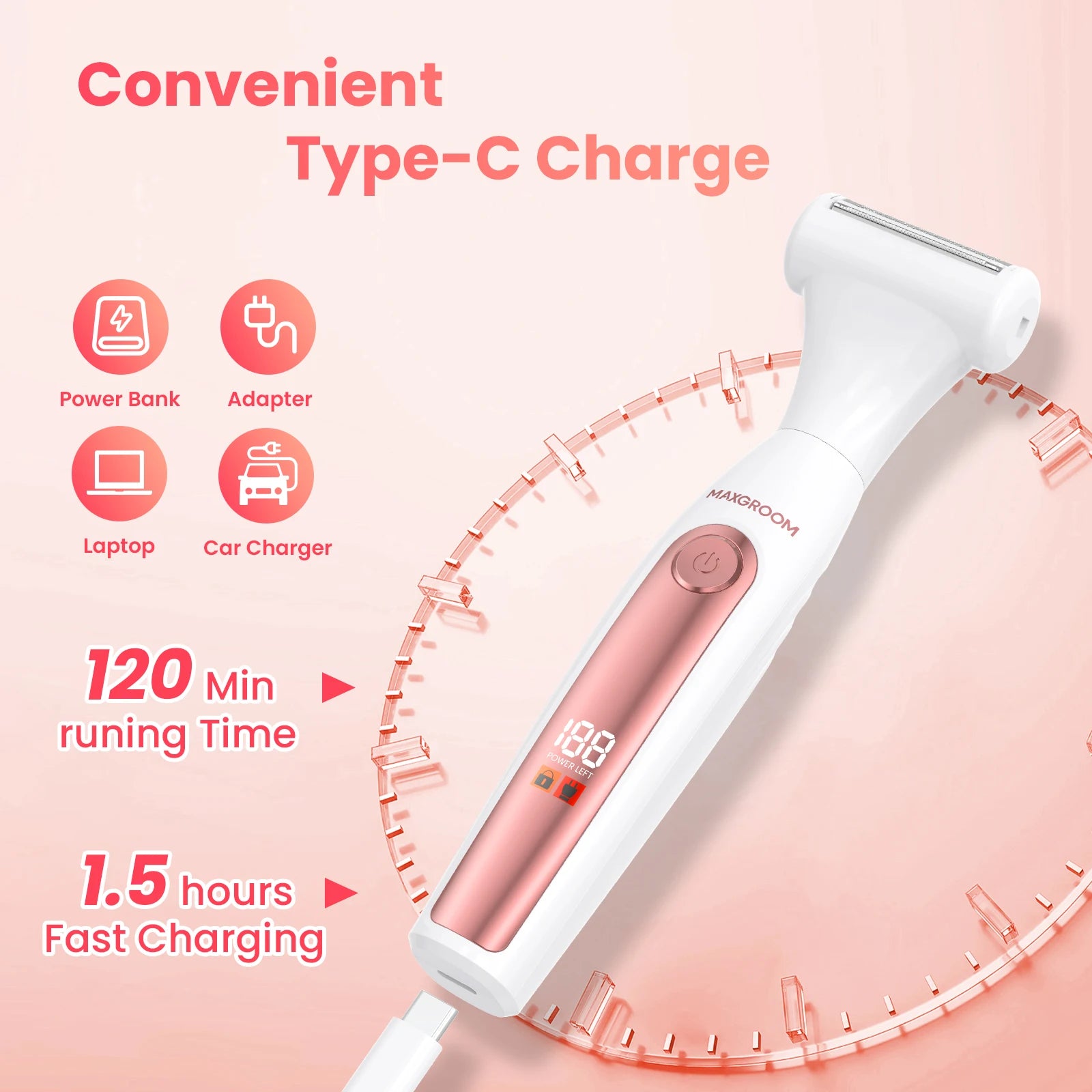 Kvinners 4-i-1 Kroppshår Trimmer Kit Oppladbar Vanntett 5