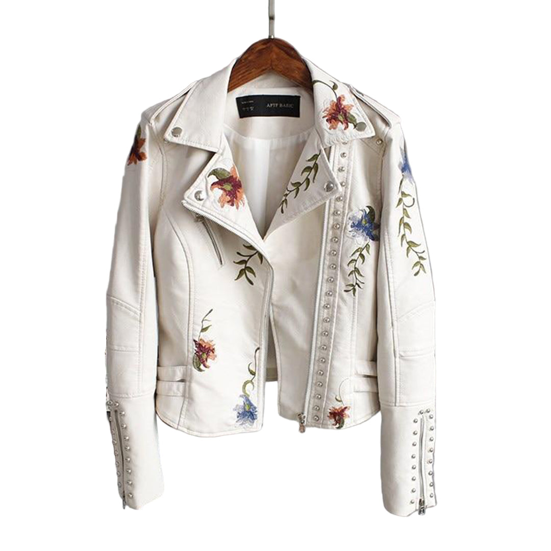 Kvinners Blomstret Lærjakke Slank Silhuett 0