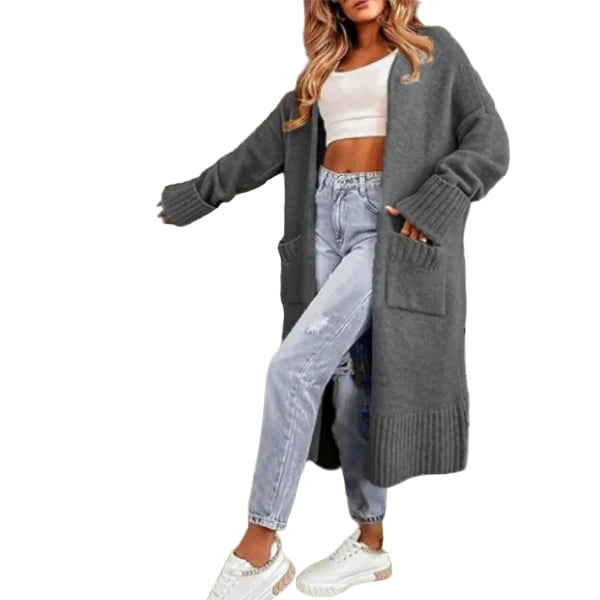 Kvinners Lang Cardigan Oversized Strikket med Lommepunkter 0