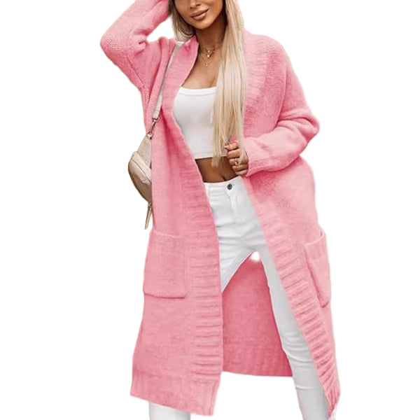 Kvinners Lang Cardigan – Myk Strikket – Oversized Passform – Åpen Front med Lommer 1