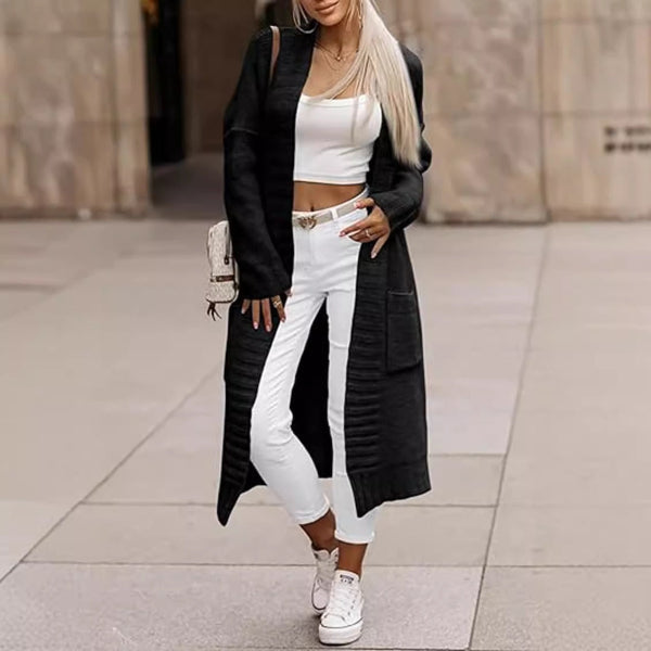 Kvinners Lang Cardigan – Myk Strikket – Oversized Passform – Åpen Front med Lommer 2