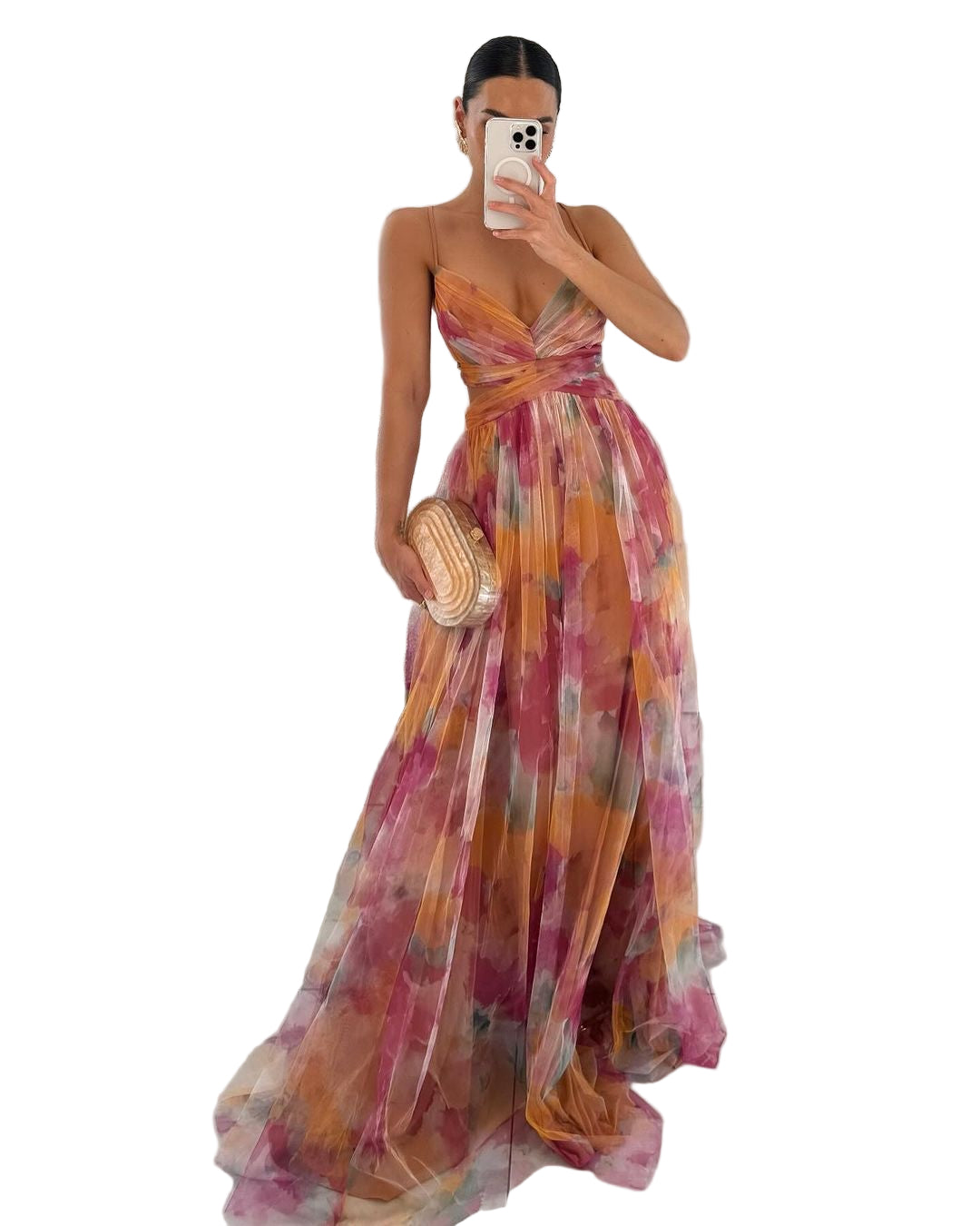 Kvinners Maxi Kjole med Vannfargeprint og Krysset Design 0