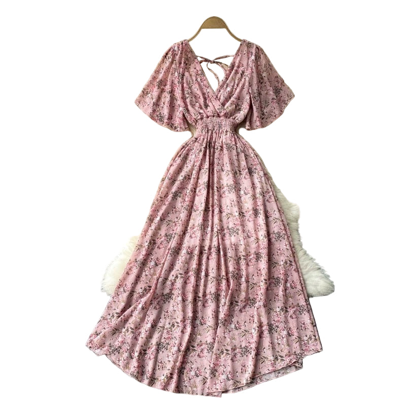 Kvinners Maxikjole V-Hals Shirred Midje Korte Ermer Rayon Blanding 0