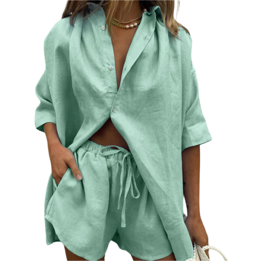 Kvinners Sommersett Oversized Skjorte og Justerbare Shorts Pustende Stoff 0
