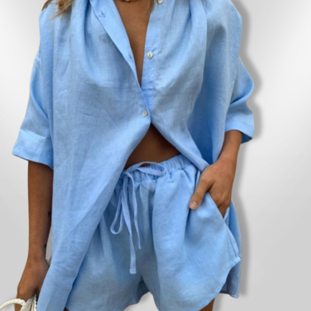 Kvinners Sommersett Oversized Skjorte og Justerbare Shorts Pustende Stoff 4