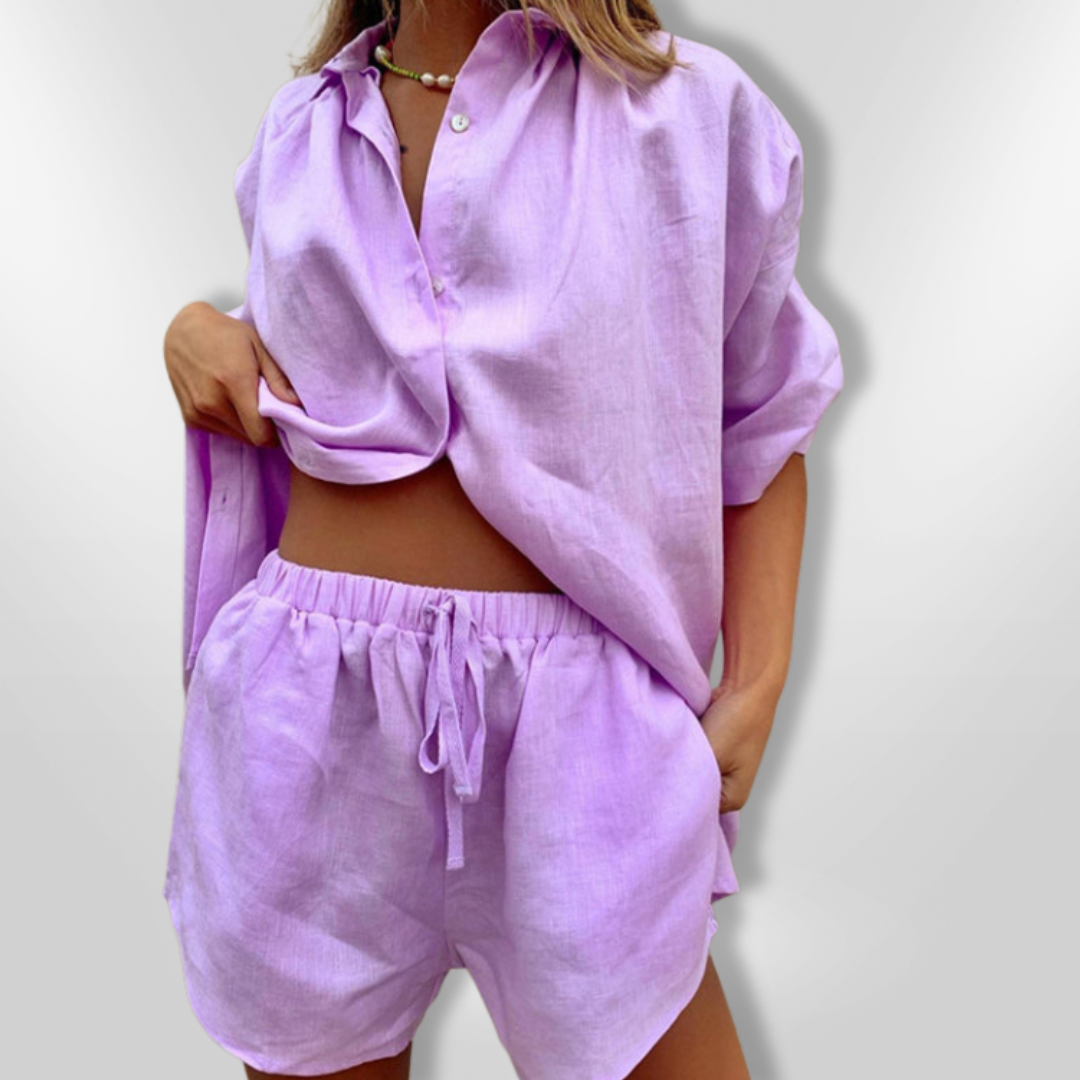 Kvinners Sommersett Oversized Skjorte og Justerbare Shorts Pustende Stoff 5