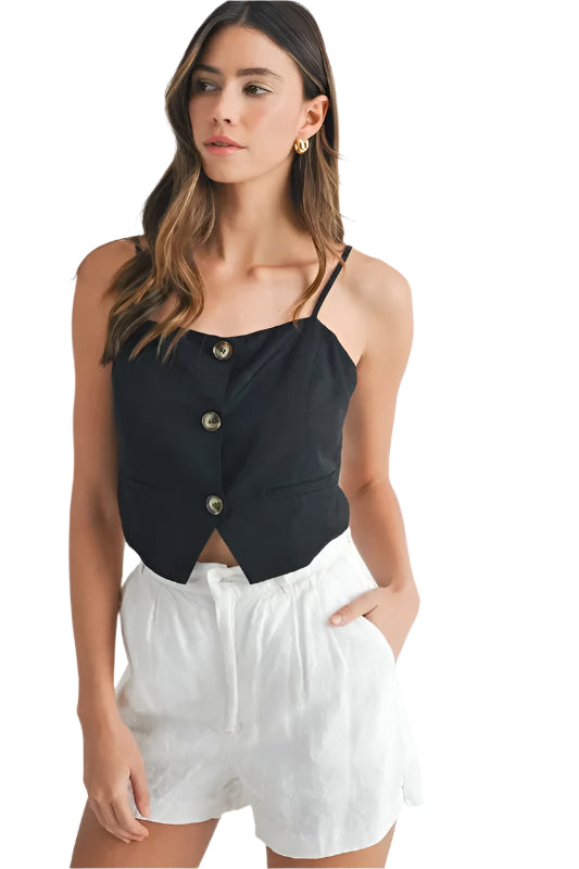 Kvinners Tank Top med Knappedetaljer i Linblanding Crop Lengde 0