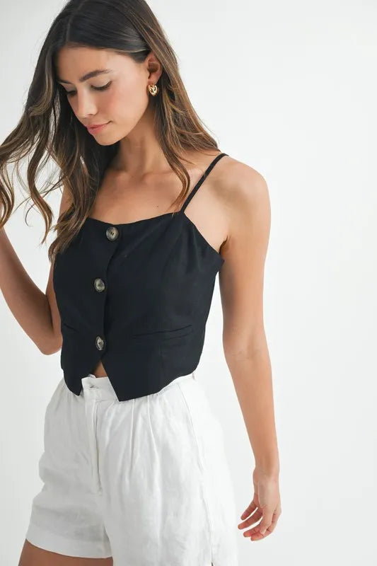 Kvinners Tank Top med Knappedetaljer i Linblanding Crop Lengde 3