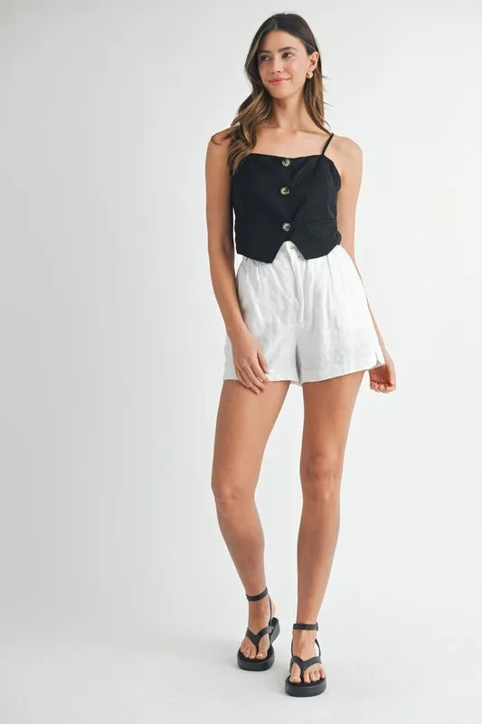 Kvinners Tank Top med Knappedetaljer i Linblanding Crop Lengde 6