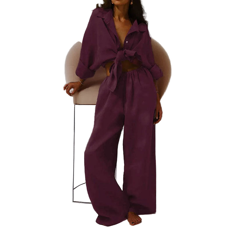 Kvinners To-Delt Sett – Linstoff – Oversized Passform – Knappe-Ned Skjorte & Vide Bukser 0