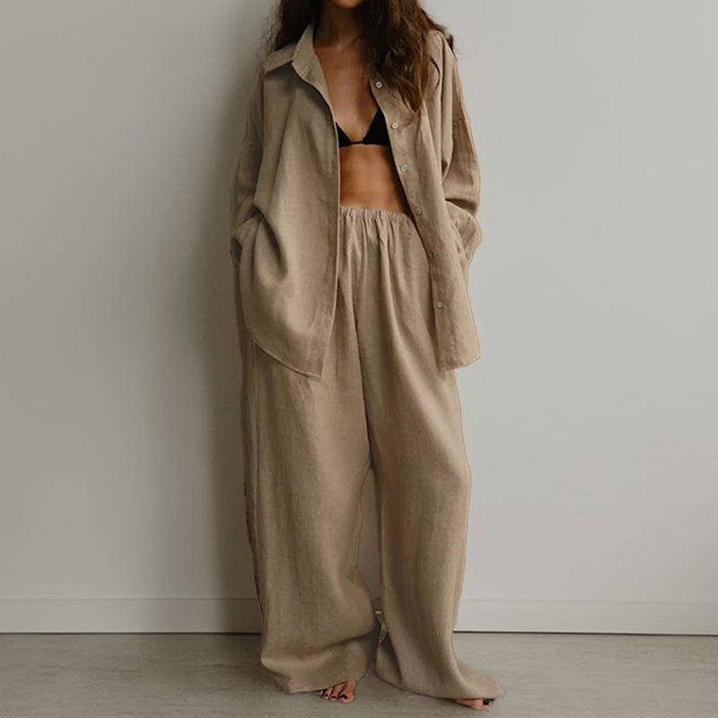 Kvinners To-Delt Sett – Linstoff – Oversized Passform – Knappe-Ned Skjorte & Vide Bukser 1