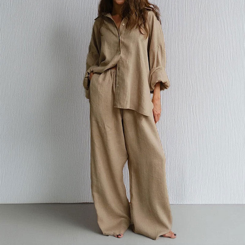 Kvinners To-Delt Sett – Linstoff – Oversized Passform – Knappe-Ned Skjorte & Vide Bukser 2