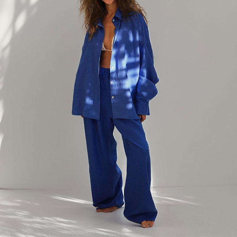 Kvinners To-Delt Sett – Linstoff – Oversized Passform – Knappe-Ned Skjorte & Vide Bukser 3