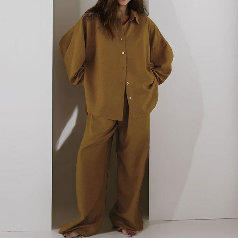 Kvinners To-Delt Sett – Linstoff – Oversized Passform – Knappe-Ned Skjorte & Vide Bukser 4