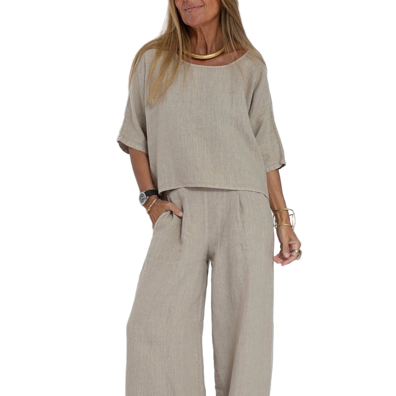 Kvinners To-dels Sett – Linblanding – Avslappet Passform – Kortermet Topp & Vide Bukser 0