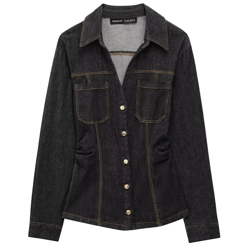 Kvinners To-delt Sett i Svart Denim med Langermet Skjorte og Bredbukser 0