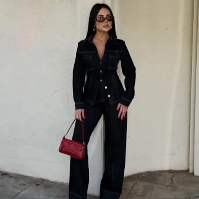 Kvinners To-delt Sett i Svart Denim med Langermet Skjorte og Bredbukser 3