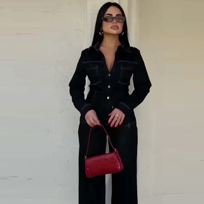 Kvinners To-delt Sett i Svart Denim med Langermet Skjorte og Bredbukser 4