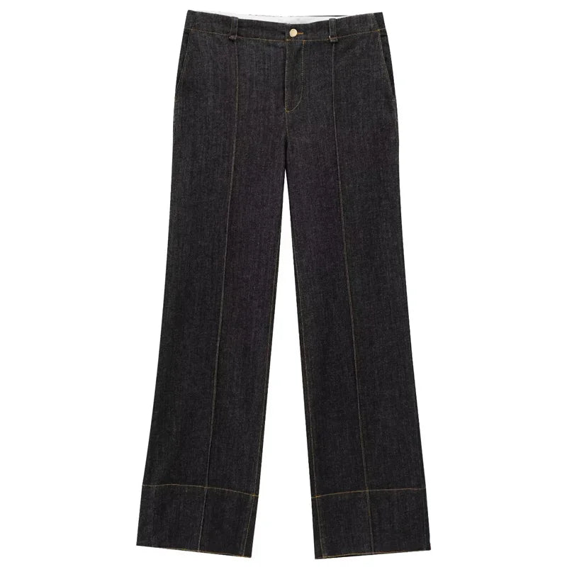 Kvinners To-delt Sett i Svart Denim med Langermet Skjorte og Bredbukser 6