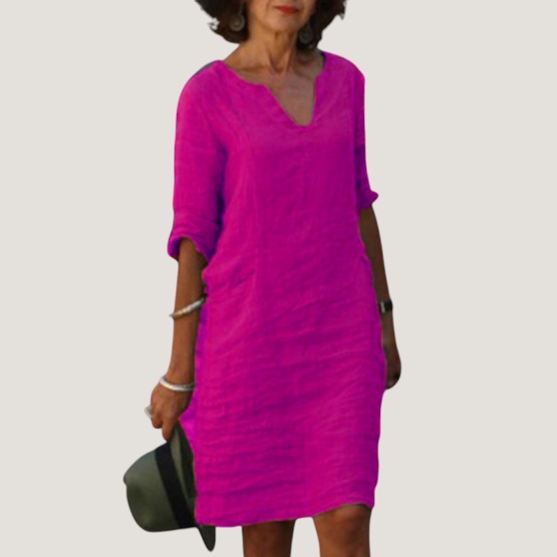 Kvinnes V-Hals Midi Kjole Lett Pustende Stoff 4