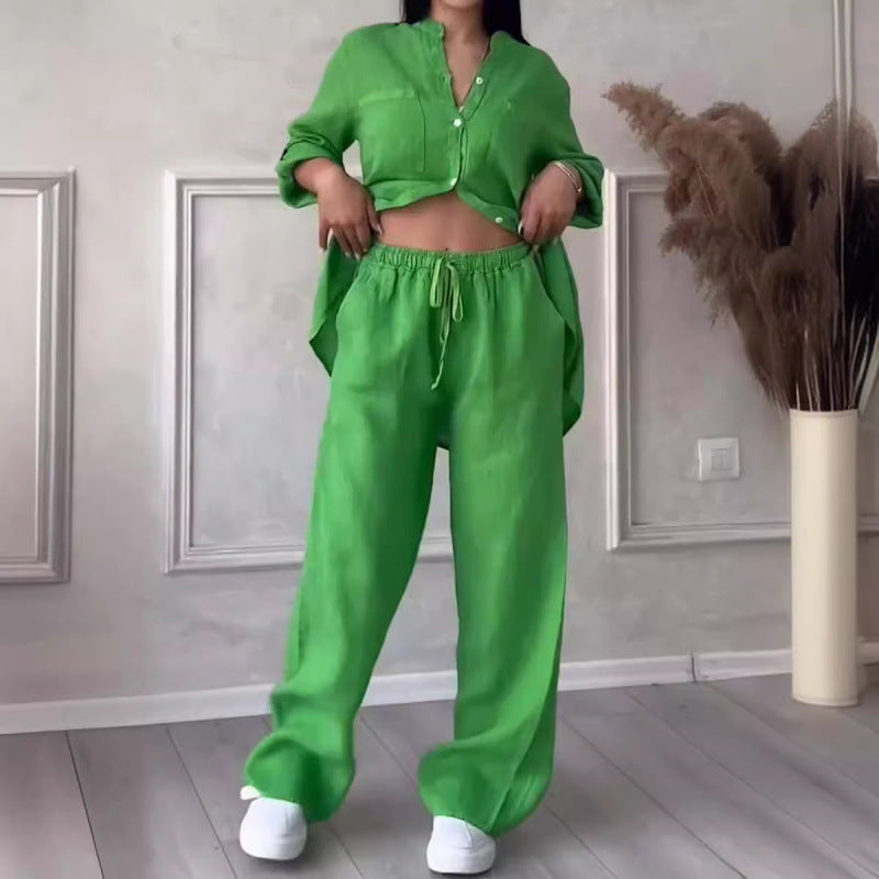 Matchende Sett Dame Knappetopp Lin Blend Avslappet Passform Vide Ben 2