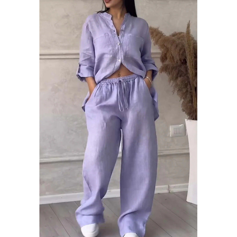 Matchende Sett Dame Knappetopp Lin Blend Avslappet Passform Vide Ben 7