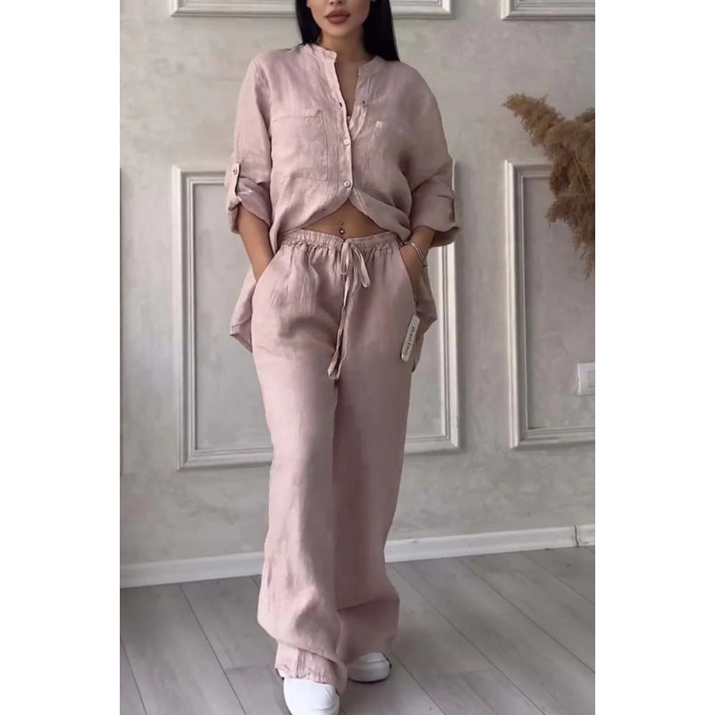 Matchende Sett Dame Knappetopp Lin Blend Avslappet Passform Vide Ben 9