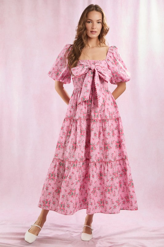 Maxikjole Dame Blomstertrykk med Front Sløyfe Lett Stoff 1