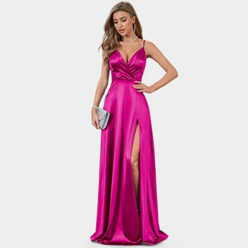Maxikjole Dame Drapert Satin V-hals Ekstra Lang 1
