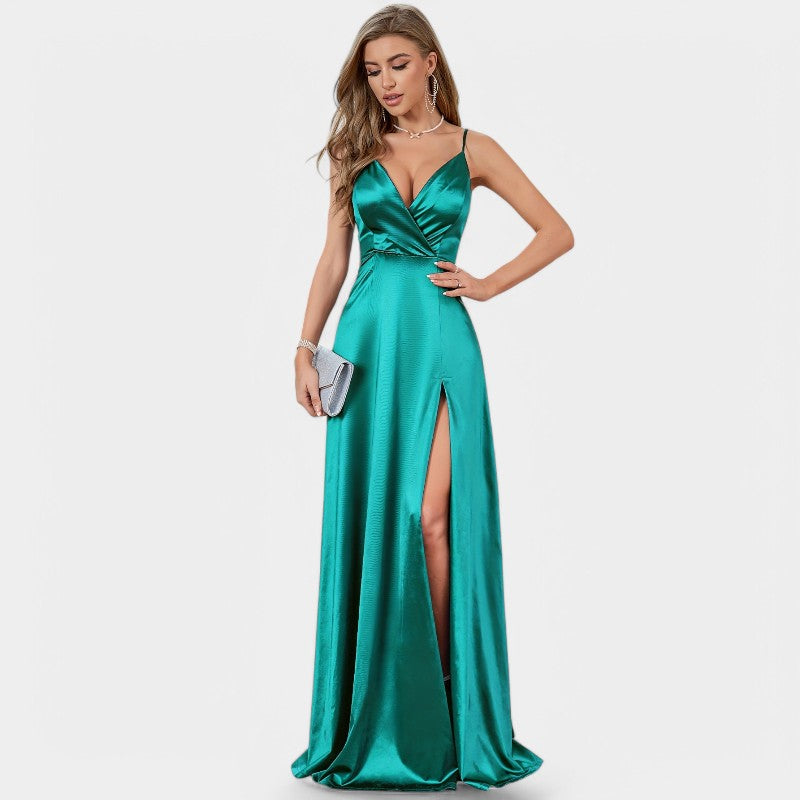 Maxikjole Dame Drapert Satin V-hals Ekstra Lang 2