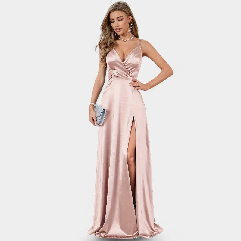 Maxikjole Dame Drapert Satin V-hals Ekstra Lang 3
