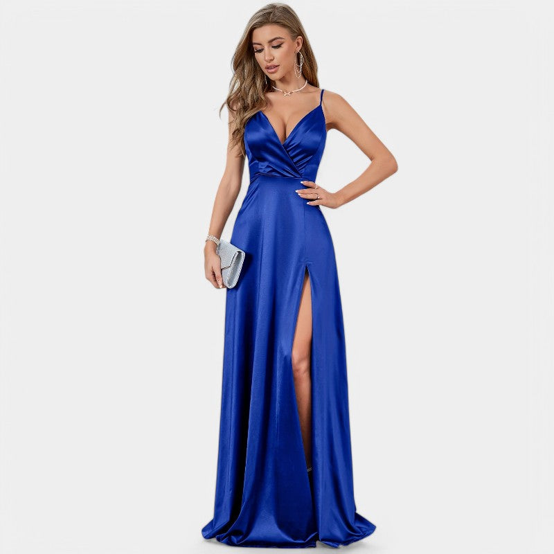 Maxikjole Dame Drapert Satin V-hals Ekstra Lang 4