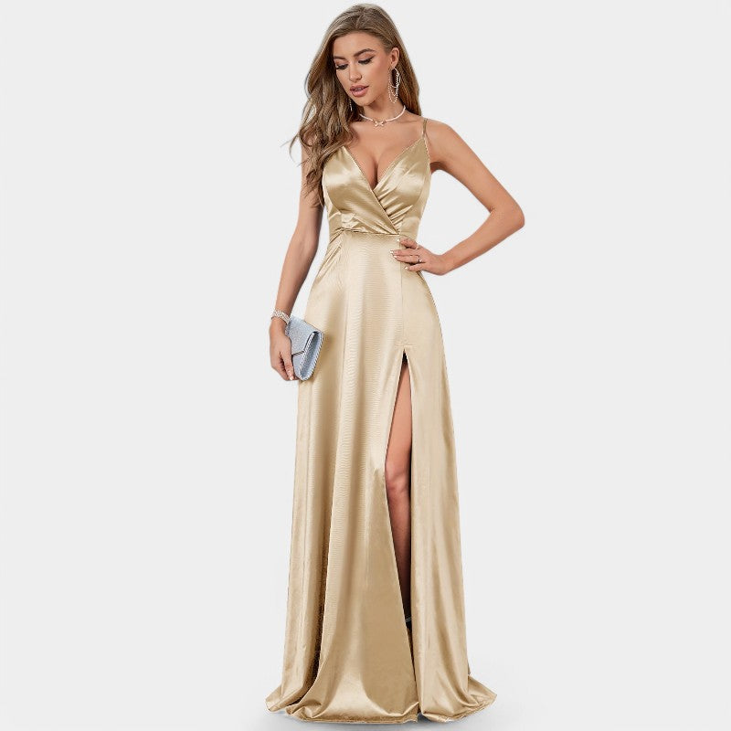 Maxikjole Dame Drapert Satin V-hals Ekstra Lang 6