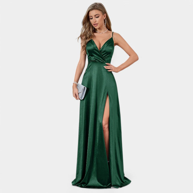 Maxikjole Dame Drapert Satin V-hals Ekstra Lang 7