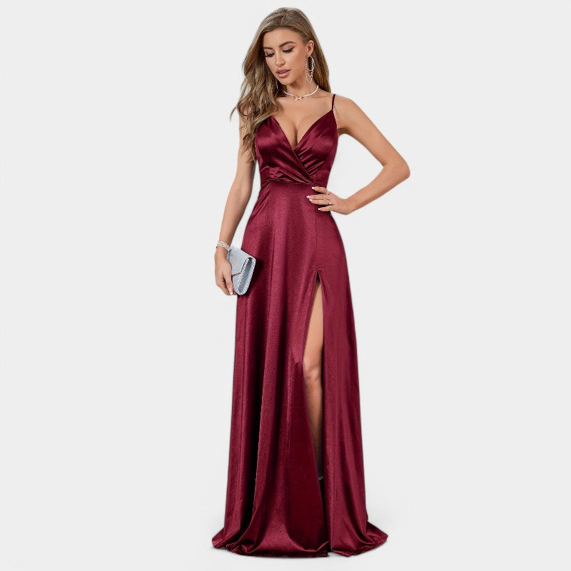 Maxikjole Dame Drapert Satin V-hals Ekstra Lang 8
