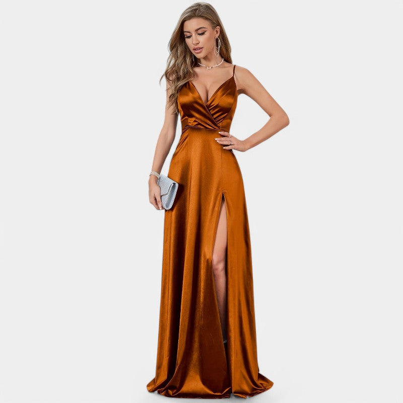 Maxikjole Dame Drapert Satin V-hals Ekstra Lang 9
