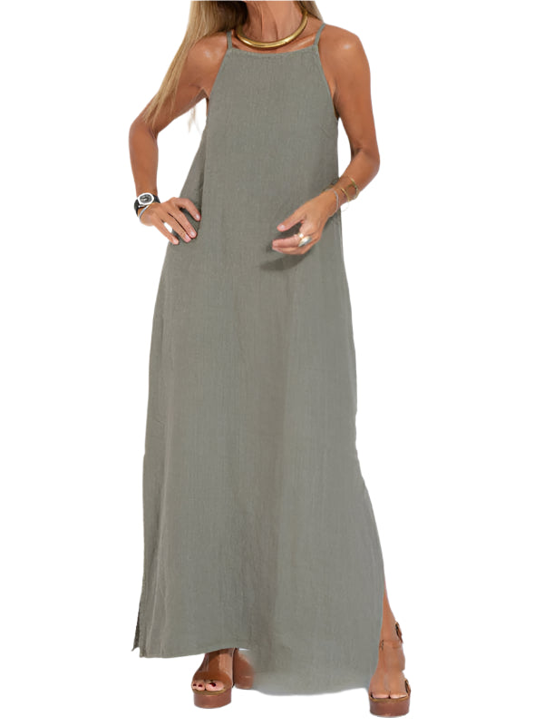 Maxikjole Dame Spaghetti Stropper Bomull-Lin med Splitt 0