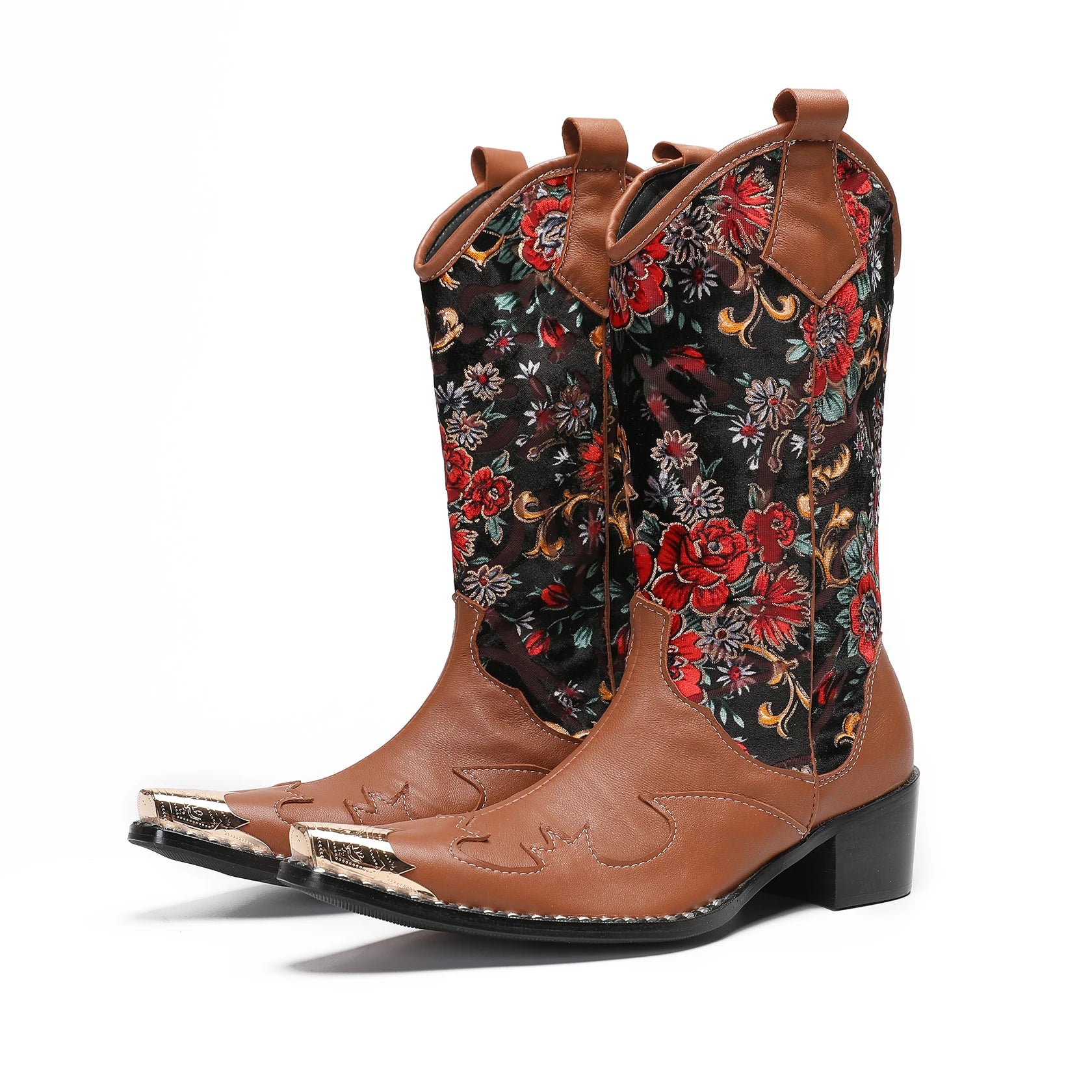 Menns Cowboy Støvler Brodert Lær med Høye Hæler 2