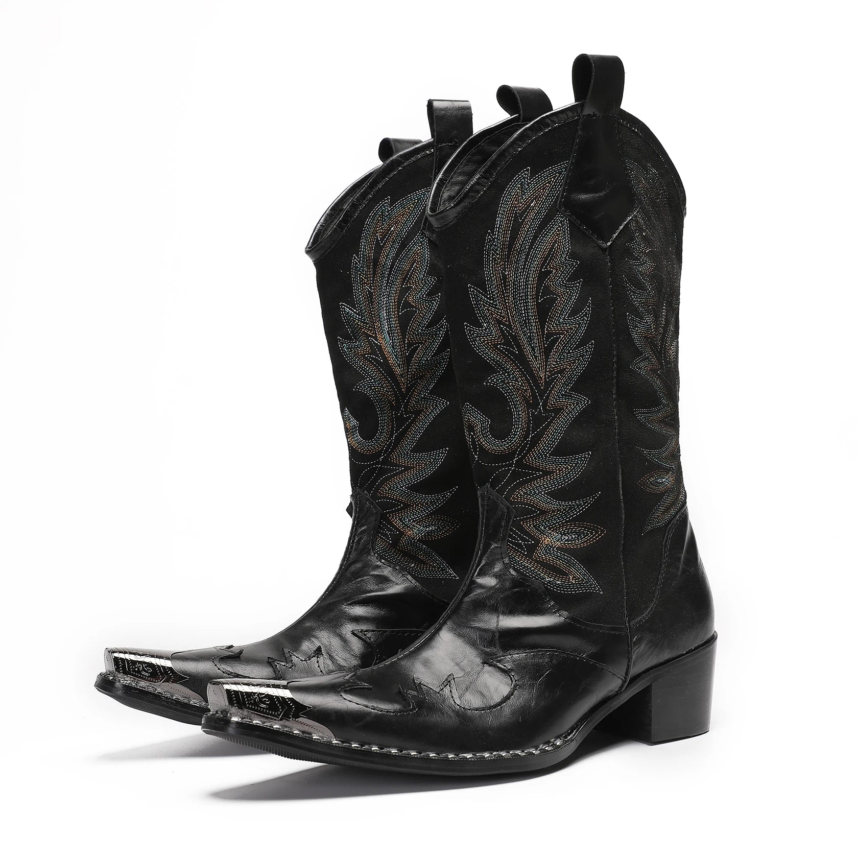 Menns Cowboy Støvler Brodert Lær med Høye Hæler 3