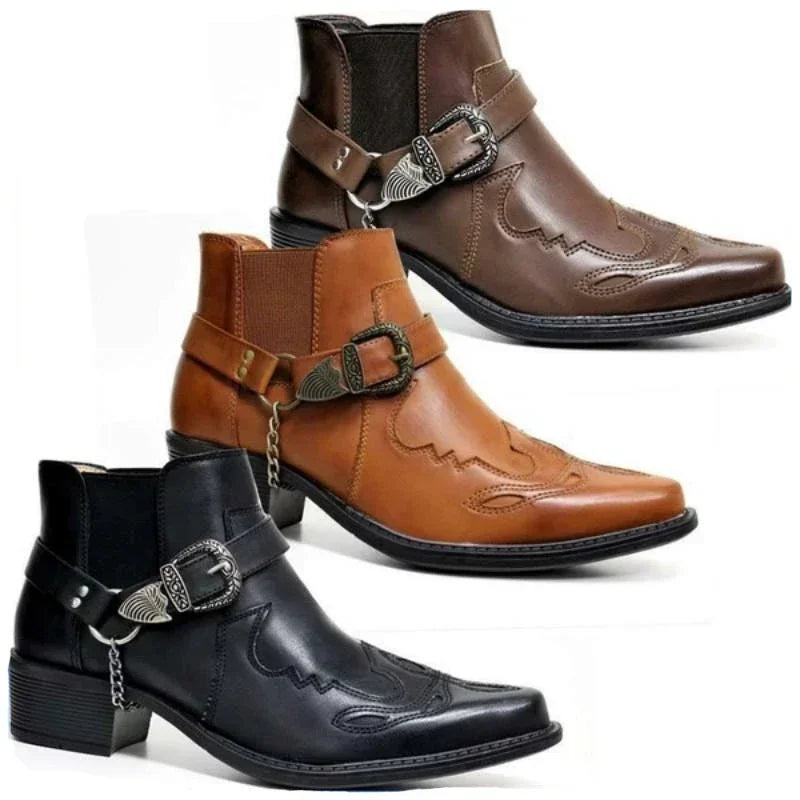 Menns Cowboy Støvler Vintage Lær Høy Top Chain Buckle 0