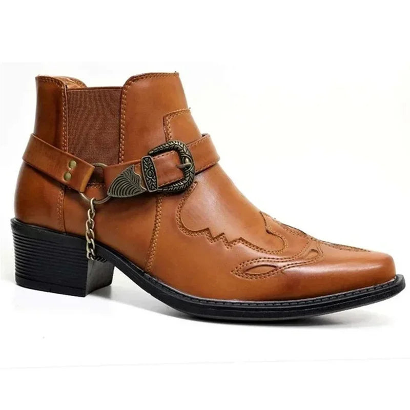 Menns Cowboy Støvler Vintage Lær Høy Top Chain Buckle 1