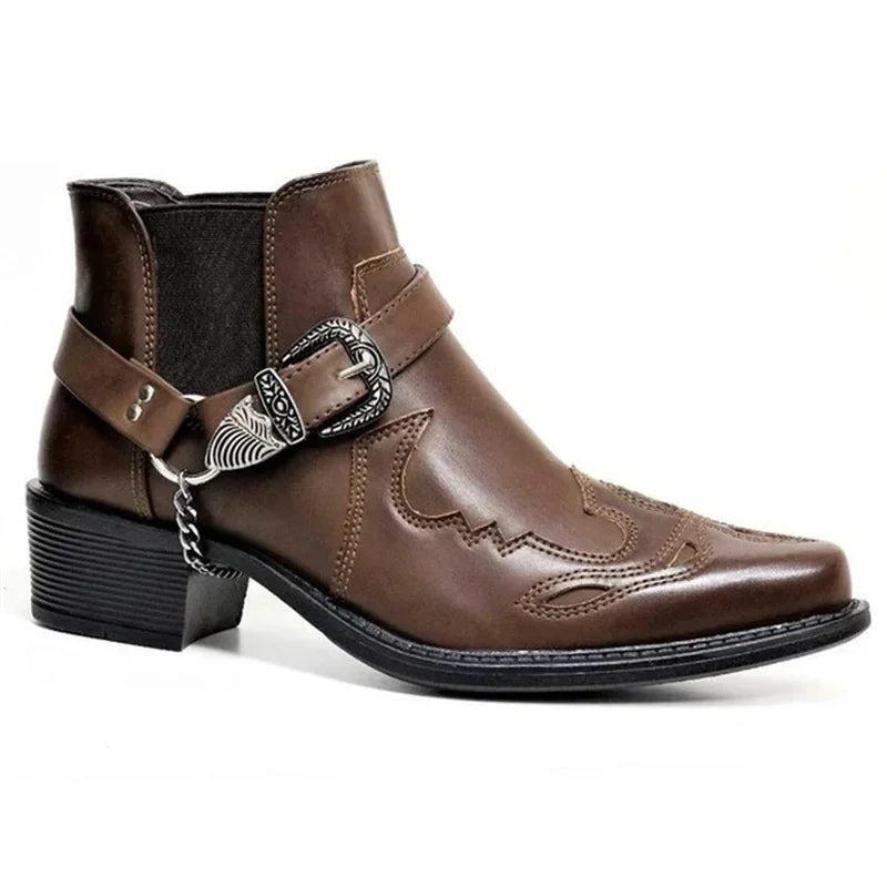 Menns Cowboy Støvler Vintage Lær Høy Top Chain Buckle 2