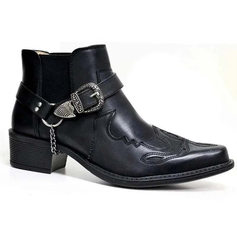 Menns Cowboy Støvler Vintage Lær Høy Top Chain Buckle 3