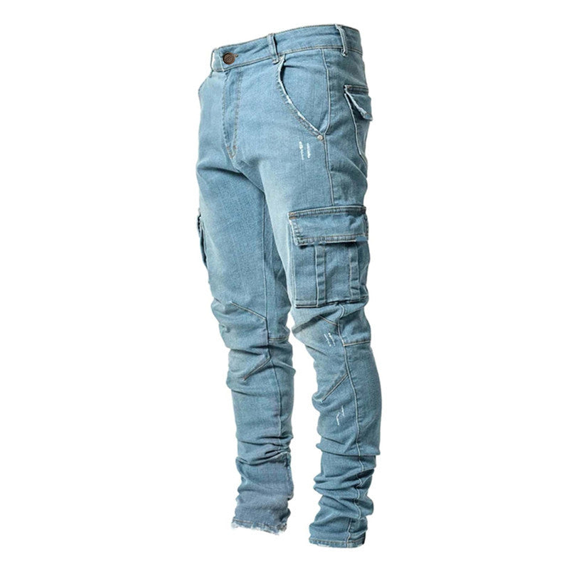 Elastiske jeans med flere lommer for menn