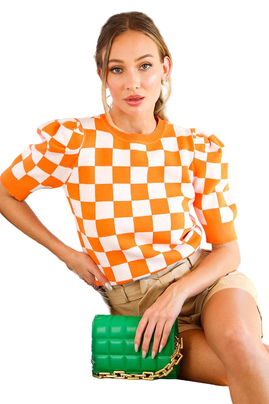 Orange Strikket Topp med Ruter 1