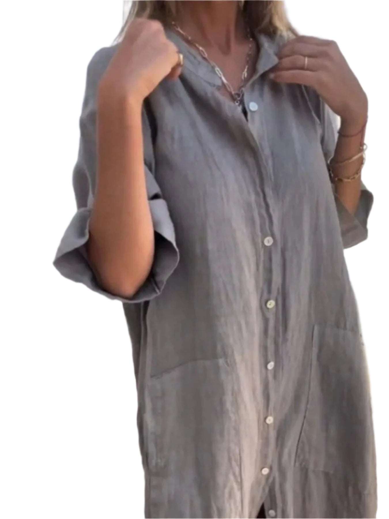 Skjortekjole Dame Lin Knappelukking V-Hals Med Lommer 0