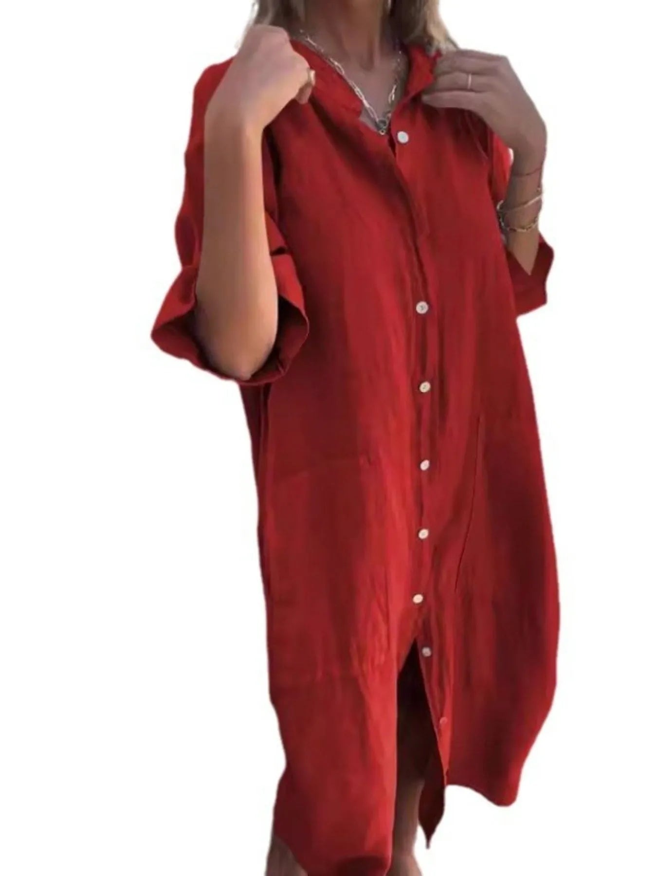 Skjortekjole Dame Lin Knappelukking V-Hals Med Lommer 11