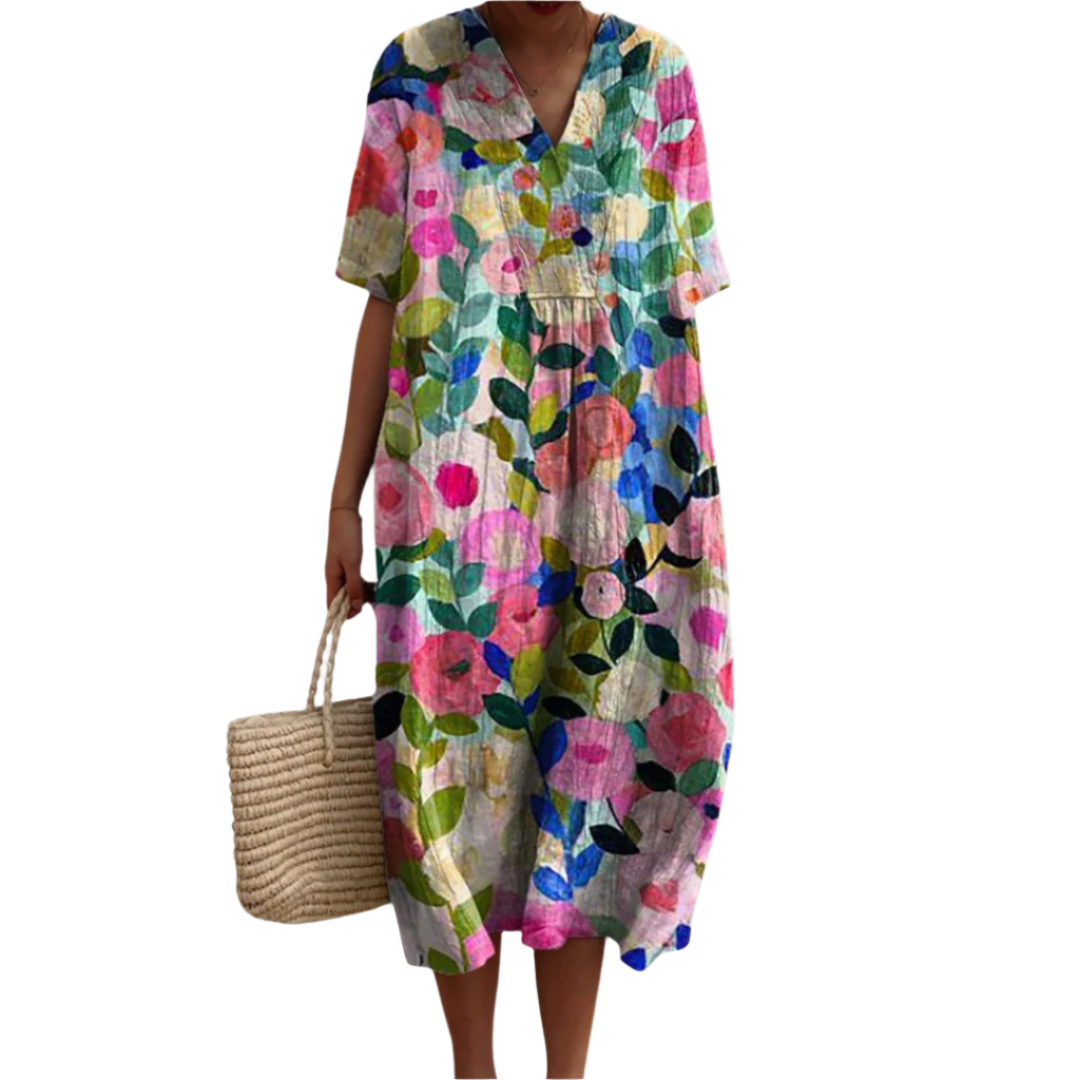 Sommerkjole Dame Løs Passform Blomstertrykk Lett Stoff 0