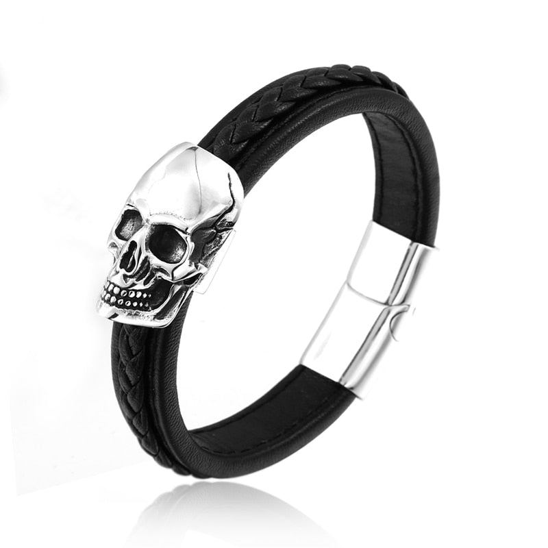 Stål Punk Skull Leather Armbånd