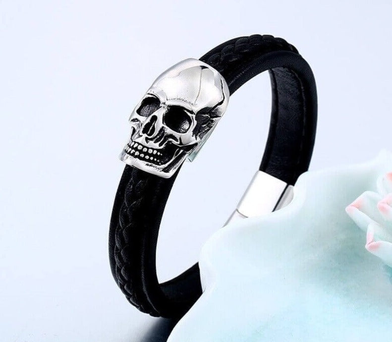 Stål Punk Skull Leather Armbånd